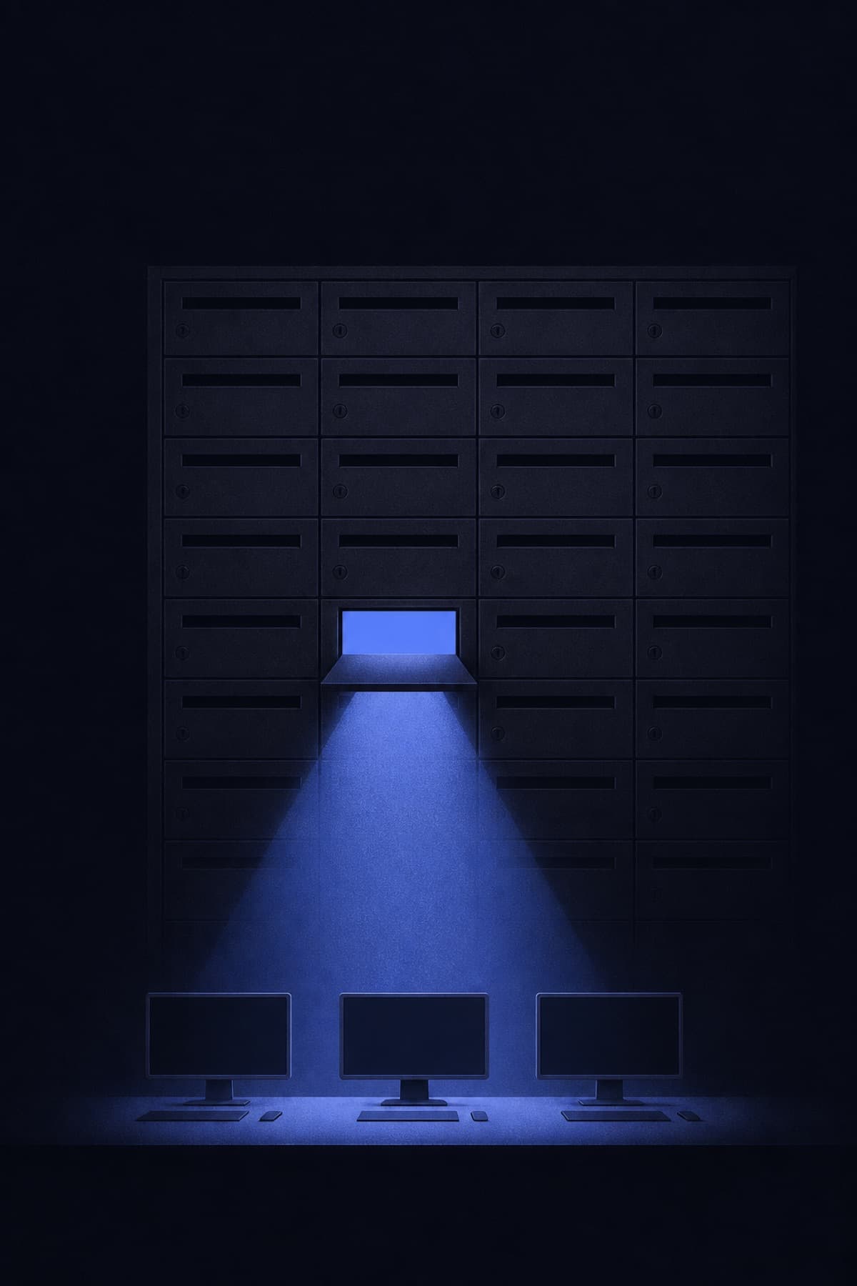 A wall of mail slots with one open, light falling onto three team screens.